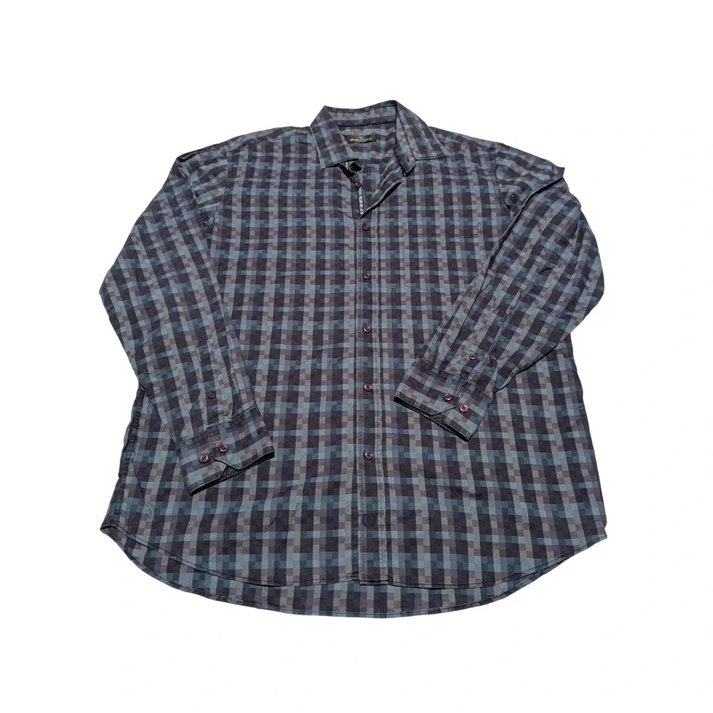 Bugatchi Button Down‎ Shirt Mens XL Blue Purple Check Uomo Cotton Long Sleeve